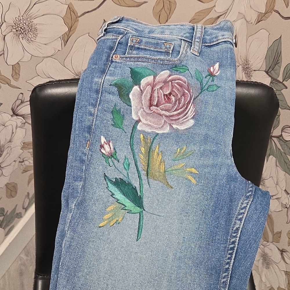 Old Navy Light Blue Jeans with Hand-Painted Pink Rose